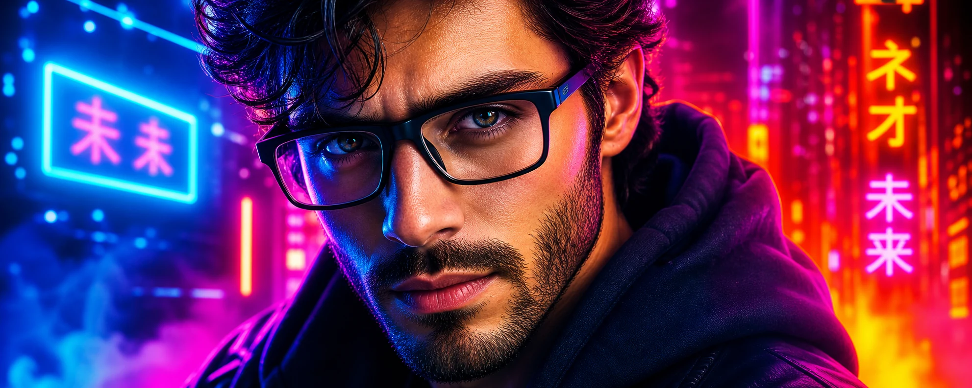 Man in rectangular designer eyeglasses, neon city backdrop