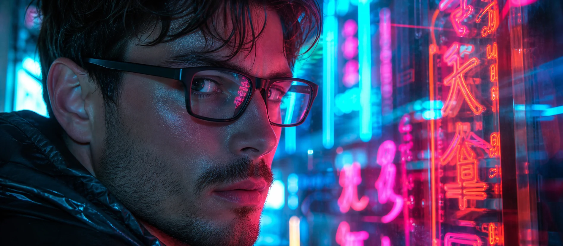 Man in black eyeglasses with cyan and magenta neon reflections