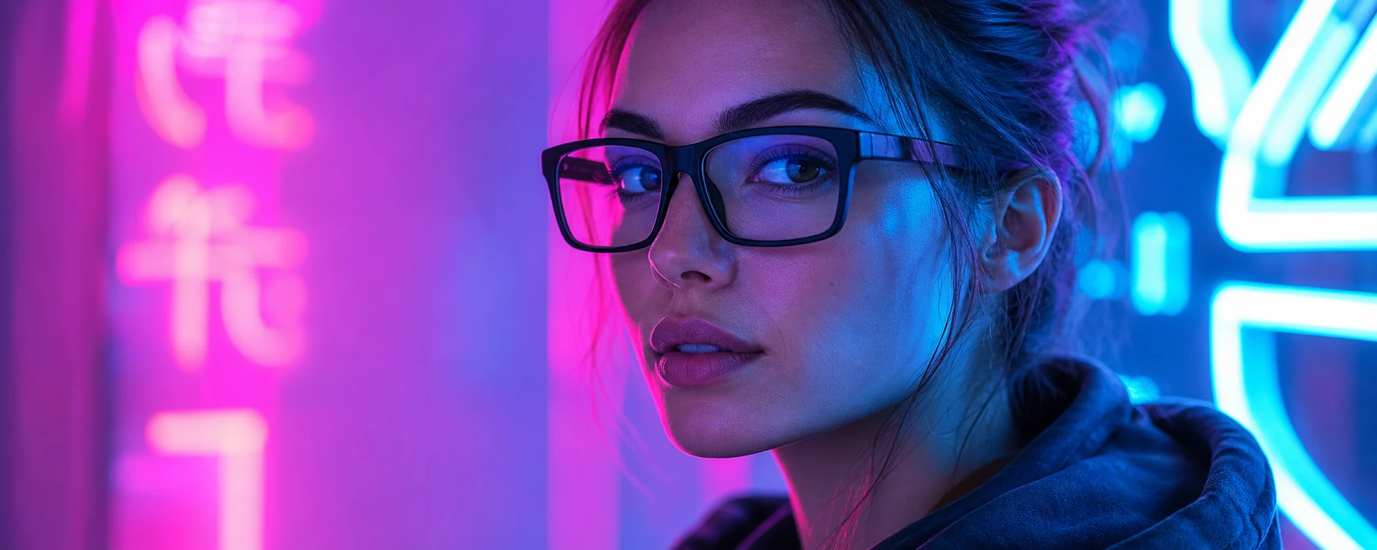 Woman wearing rectangular eyeglasses in blue and pink neon